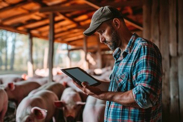 Farmer with tablet checking health of pigs at farm - obrazy, fototapety, plakaty
