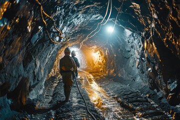 Miners with helmets walking in an underground tunnel - obrazy, fototapety, plakaty