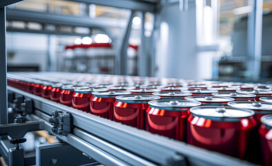 Aluminum beverage cans process in the factory line on the conveyor belt in the beverage industry.