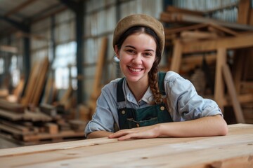 Smiling young woman working in carpentry shop