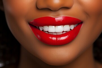 Obraz premium Close up of woman s perfect red lips and white teeth, beaming a super confident smile.