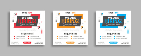 We are hiring job vacancy social media post or square web banner template vector design	