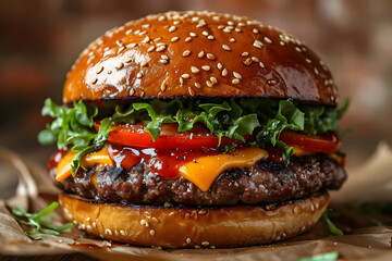 Juicy double cheeseburger with lettuce and tomato on a sesame bun, served on a wooden table.