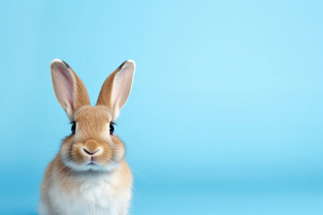Obraz premium adorable cute rabbit standing isolated on blue background, with Copy space for text