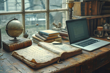 Fototapeta na wymiar Vintage desk with open book, globe, and laptop by a window, suggesting a blend of old and new knowledge.
