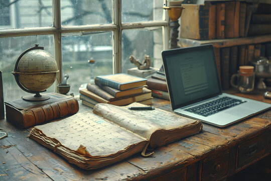 Vintage desk with open book, globe, and laptop by a window, suggesting a blend of old and new knowledge.