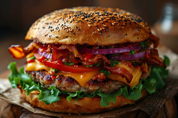 Gourmet cheeseburger with sesame bun, fresh greens, tomato, onion, and condiments on a rustic wooden surface.