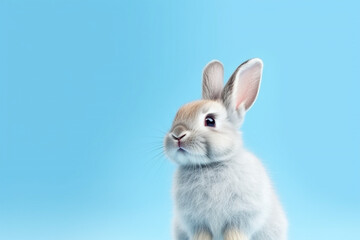 adorable cute rabbit standing isolated on blue background, with Copy space for text