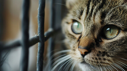 A close-up shot of the cat's face, looking out of cage