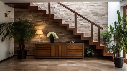 Inviting rustic hallway with wooden staircase and stone cladding wall in modern entrance hall design