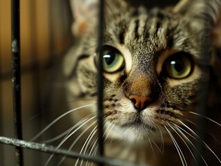 A close-up shot of the cat's face in cage