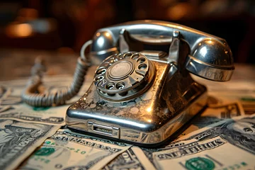 Fotobehang Vintage telephone on a background of US dollar bills. © Gayan
