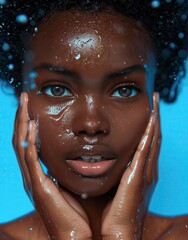 Fototapeta na wymiar Mujer joven de rasgos africanos, piel suave aterciopelada, morena, ojos café, fondo azul aguamarina, facciones atractivas, piel sedosa y cuidada, hidratación profunda, baño refrescante matutino