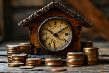 Vintage clock with stacks of coins on wooden surface, concept of time and investment.