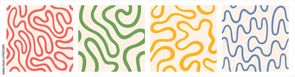 Poster continuous line, fluid, curved, wriggling endless stripe seamless repeat vector patterns set. liquid