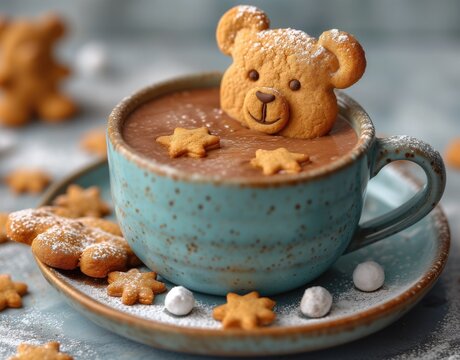 Taza de chocolate caliente, espeso, con bizcocho en forma de oso, bañándose, decorado con galletitas en forma de estrellas de mantequilla y azúcar glas, tonos armónicos, desayuno familiar, viajes