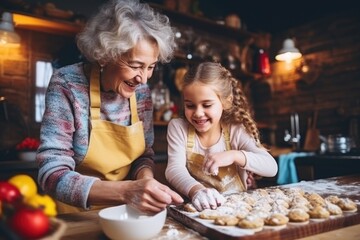 Taste of Tradition: In a Rustic Kitchen, a Grandmother and Child Cook Together, Sharing Love, Connection, and Happiness through the Art of Pastry.