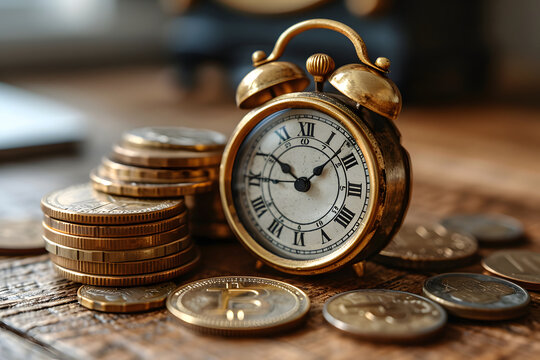 Vintage alarm clock with stacks of coins on a wooden surface, symbolizing time and money management.