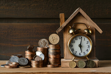 Stacks of coins with a wooden house-shaped clock on a table, symbolizing time and investment in real estate.