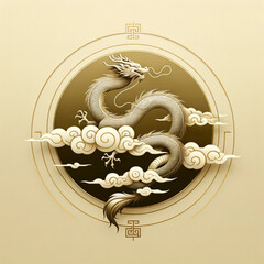 minimalist realistic art illustrations of a mythical titanium dragon on a cloud, designed in a traditional Chinese style with a gold background. 