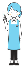 水色｜指差しをする女性店員｜エプロン