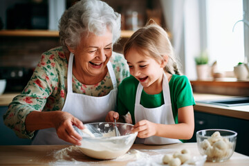 Taste of Tradition: In a Rustic Kitchen, a Grandmother and Child Cook Together, Sharing Love, Connection, and Happiness through the Art of Pastry. - obrazy, fototapety, plakaty
