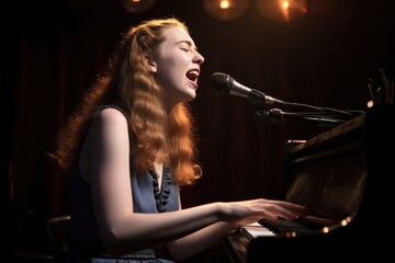 a young woman playing the piano and singing while sitting in front of an electric keyboard - obrazy, fototapety, plakaty