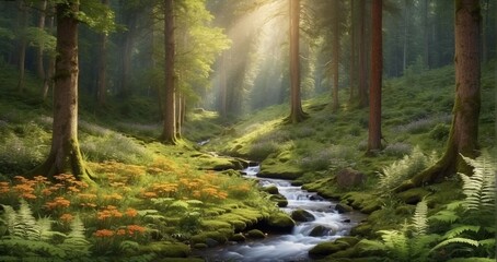 An image of a secluded forest clearing bathed in dappled sunlight. Show towering trees surrounding a carpet of ferns and wildflowers, with a stream trickling through the moss-covered rocks. AI Generat