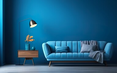 Modern cozy living room and blue wall texture background