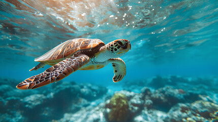 Obraz premium a sea turtle gliding through the ocean, embodying grace and tranquility