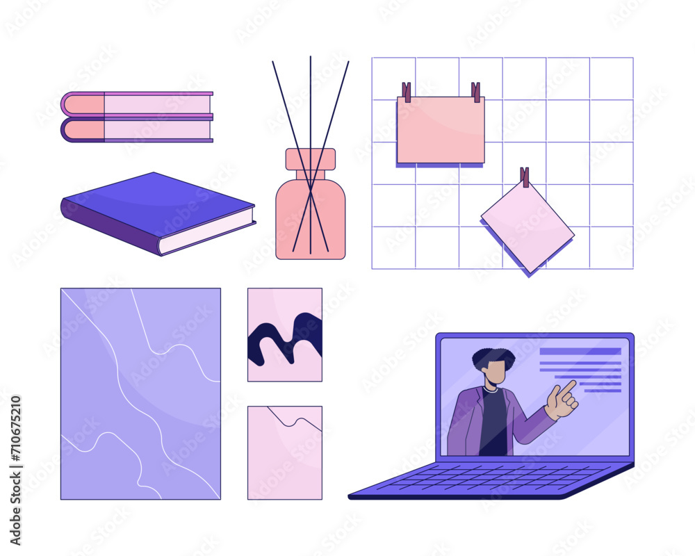 Poster cozy studying stationery 2d linear cartoon objects set. modern art, sticky notes notebook isolated l
