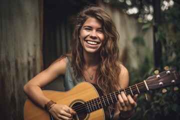 Fototapeta na wymiar a young woman holding a guitar and smiling in a band