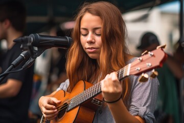 Fototapeta na wymiar a young woman strumming a ukulele for her band