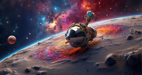 An image of a spacecraft voyaging through a stunning cosmic landscape, passing by colorful gas clouds, distant galaxies, and asteroid fields - Generative AI