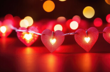 Valentines day festive background. Red hearts shape garland and bokeh glowing lights on table. Love...
