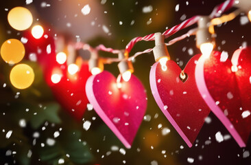Valentines day festive background with red hearts shape garland hanging on wire and bokeh glowing...