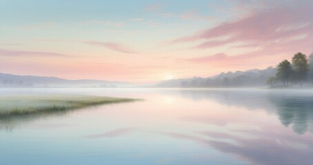 An image of a tranquil lakeside scene at dawn, with mist hovering over the water's surface and a palette of pastel colors painting the sky. - AI Generative - Generative AI
