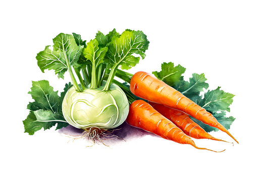 kohlrabi and carrots isolated on white background, art design