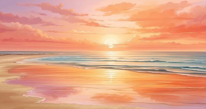An image of a tranquil sunrise over the sea, with the sun painting the sky in shades of orange and pink, casting a golden glow on the calm waters and the sandy shore - Generative AI