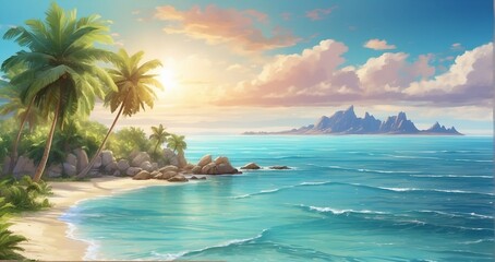 An image of a tropical paradise bathed in sunlight, with palm-fringed beaches, crystal-clear waters, and the sun high in the sky, casting sparkling reflections on the gentle waves - Generative AI