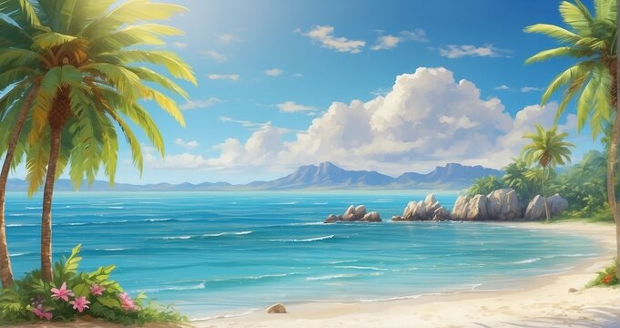 An image of a tropical paradise bathed in sunlight, with palm-fringed beaches, crystal-clear waters, and the sun high in the sky, casting sparkling reflections on the gentle waves - Generative AI
