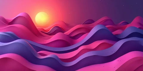 Poster Abstract vibrant landscape with wavy hills and sunset sky © Mustafa