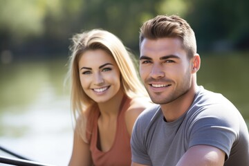 portrait of a sporty young couple on their rowing boat - obrazy, fototapety, plakaty