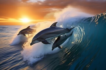 A group of playful dolphins riding the waves, their sleek bodies breaking through the ocean's...