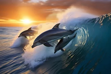 Foto op Plexiglas A group of playful dolphins riding the waves, their sleek bodies breaking through the ocean's surface. © Animals