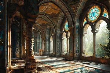 Obraz premium Sunlit Gothic Chapel Interior. Generative ai