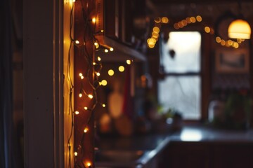 a string of fairy lights in a dim lit room of a cozy witch kitchen