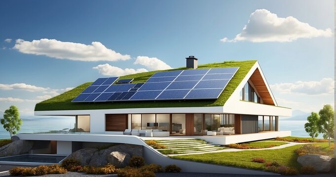 An image of an innovative, eco-friendly house with solar panels, green roofs, and sleek, sustainable design elements - Generative AI