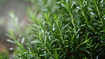 Detail of fresh rosemary herb. Rosemary herb garden, macro view background.