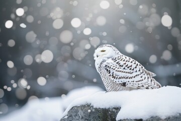 White owl in the snow with blurry background